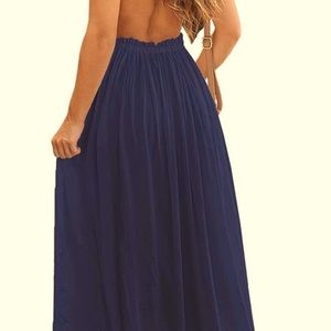Women's Sleeveless Lace Fit & Flare Backless Maxi Dress-Navy-Medium